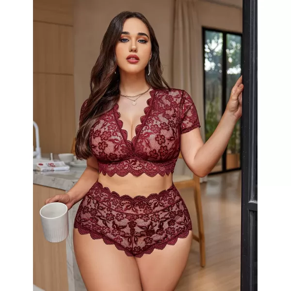 Avidlove Plus Size Lingerie Plus Floral Lace Scallop Trim Lingerie Set Deep V Allover Lace Bra Panties Set Sexy ClubwearDark Red