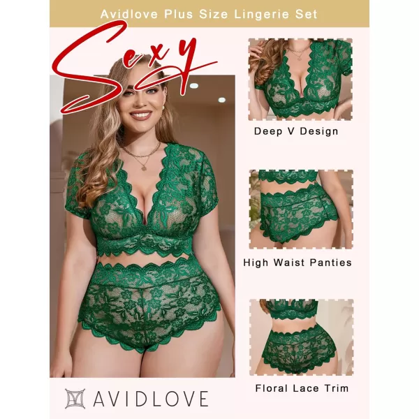 Avidlove Plus Size Lingerie Plus Floral Lace Scallop Trim Lingerie Set Deep V Allover Lace Bra Panties Set Sexy ClubwearGreen