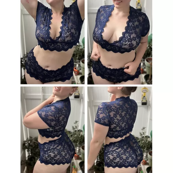 Avidlove Plus Size Lingerie Plus Floral Lace Scallop Trim Lingerie Set Deep V Allover Lace Bra Panties Set Sexy ClubwearNavy Blue