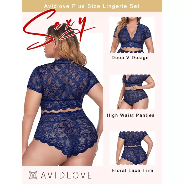 Avidlove Plus Size Lingerie Plus Floral Lace Scallop Trim Lingerie Set Deep V Allover Lace Bra Panties Set Sexy ClubwearNavy Blue