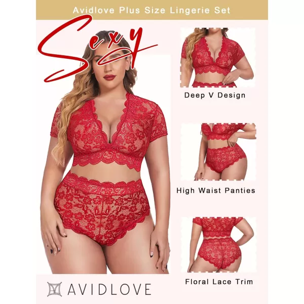 Avidlove Plus Size Lingerie Plus Floral Lace Scallop Trim Lingerie Set Deep V Allover Lace Bra Panties Set Sexy ClubwearRed