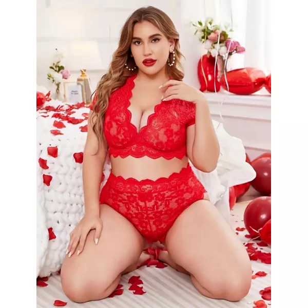 Avidlove Plus Size Lingerie Plus Floral Lace Scallop Trim Lingerie Set Deep V Allover Lace Bra Panties Set Sexy ClubwearRed