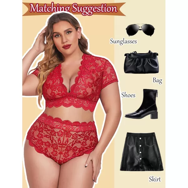 Avidlove Plus Size Lingerie Plus Floral Lace Scallop Trim Lingerie Set Deep V Allover Lace Bra Panties Set Sexy ClubwearRed