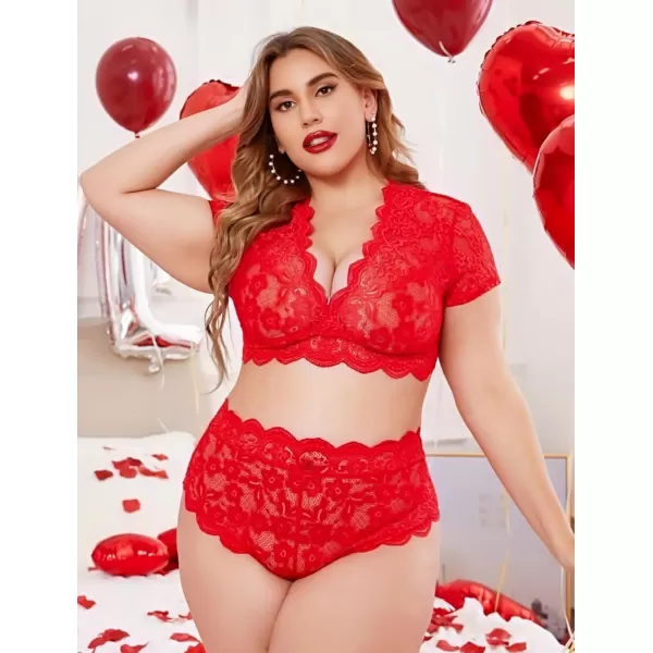 Avidlove Plus Size Lingerie Plus Floral Lace Scallop Trim Lingerie Set Deep V Allover Lace Bra Panties Set Sexy ClubwearRed