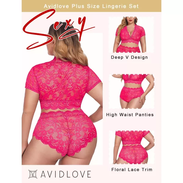 Avidlove Plus Size Lingerie Plus Floral Lace Scallop Trim Lingerie Set Deep V Allover Lace Bra Panties Set Sexy ClubwearRose Red