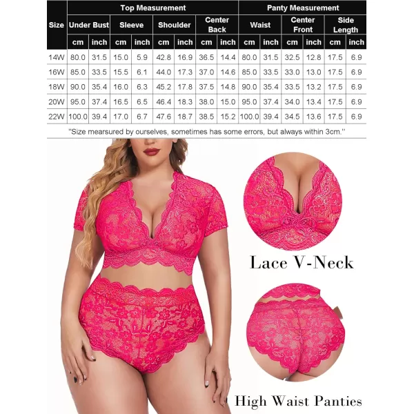 Avidlove Plus Size Lingerie Plus Floral Lace Scallop Trim Lingerie Set Deep V Allover Lace Bra Panties Set Sexy ClubwearRose Red