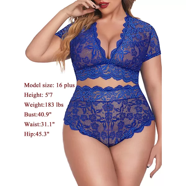 Avidlove Plus Size Lingerie Plus Floral Lace Scallop Trim Lingerie Set Deep V Allover Lace Bra Panties Set Sexy ClubwearSky Blue