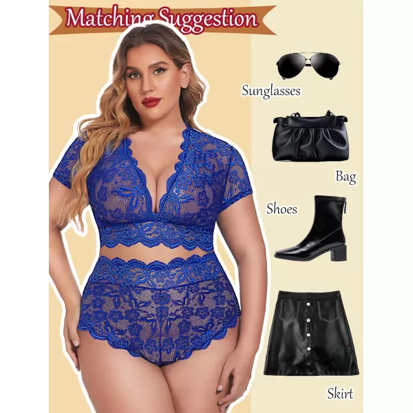 Avidlove Plus Size Lingerie Plus Floral Lace Scallop Trim Lingerie Set Deep V Allover Lace Bra Panties Set Sexy ClubwearSky Blue