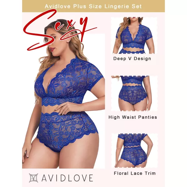 Avidlove Plus Size Lingerie Plus Floral Lace Scallop Trim Lingerie Set Deep V Allover Lace Bra Panties Set Sexy ClubwearSky Blue