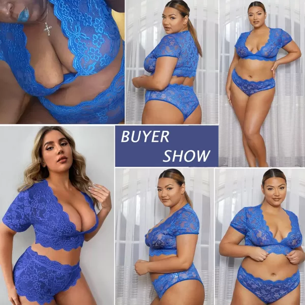 Avidlove Plus Size Lingerie Plus Floral Lace Scallop Trim Lingerie Set Deep V Allover Lace Bra Panties Set Sexy ClubwearSky Blue