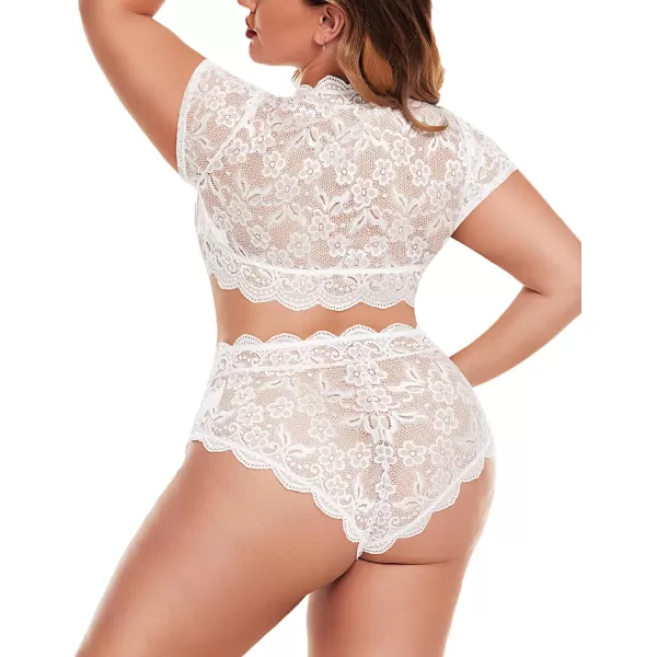 Avidlove Plus Size Lingerie Plus Floral Lace Scallop Trim Lingerie Set Deep V Allover Lace Bra Panties Set Sexy ClubwearWhite