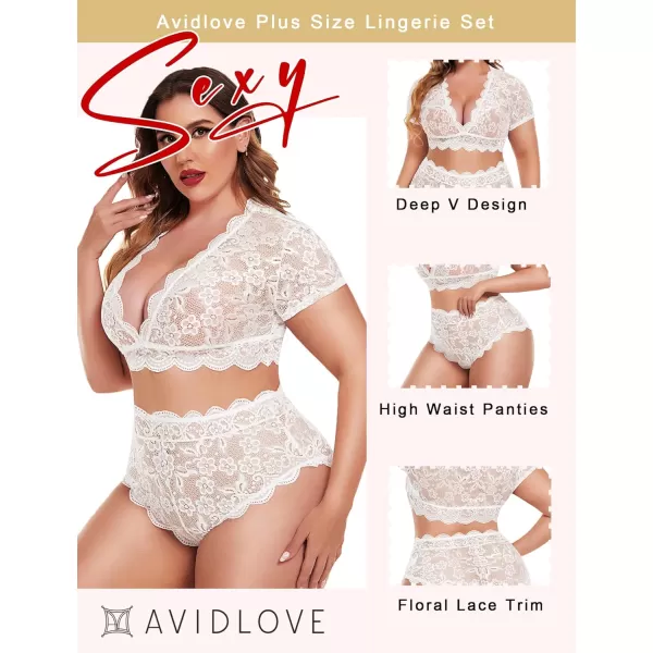 Avidlove Plus Size Lingerie Plus Floral Lace Scallop Trim Lingerie Set Deep V Allover Lace Bra Panties Set Sexy ClubwearWhite