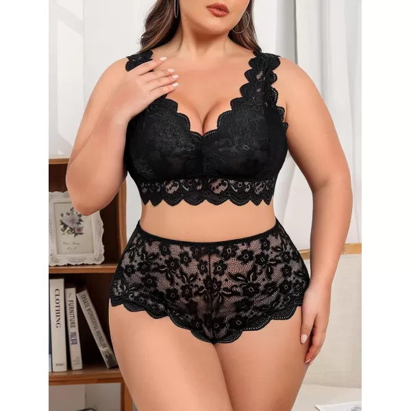 Avidlove Plus Size Lingerie Set for Women Sexy Lace Halter Bralette High Waist Panty SetAblack