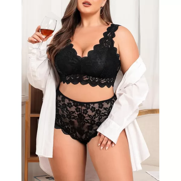 Avidlove Plus Size Lingerie Set for Women Sexy Lace Halter Bralette High Waist Panty SetAblack