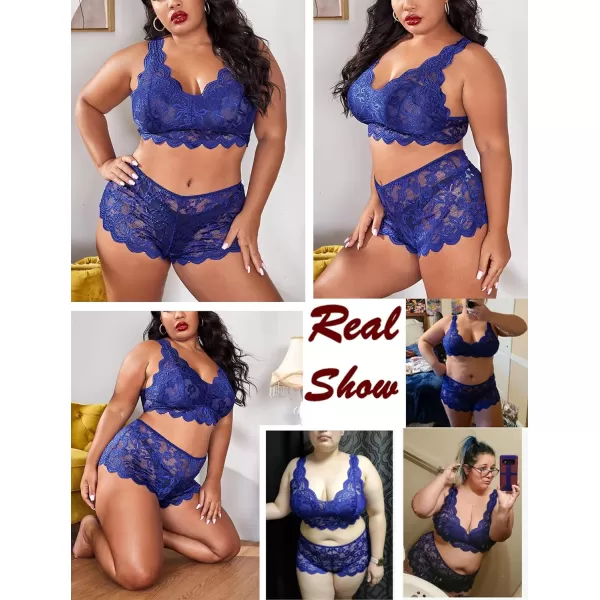 Avidlove Plus Size Lingerie Set for Women Sexy Lace Halter Bralette High Waist Panty SetBlue