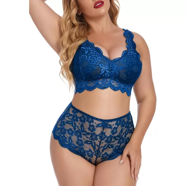 Avidlove Plus Size Lingerie Set for Women Sexy Lace Halter Bralette High Waist Panty SetBlue