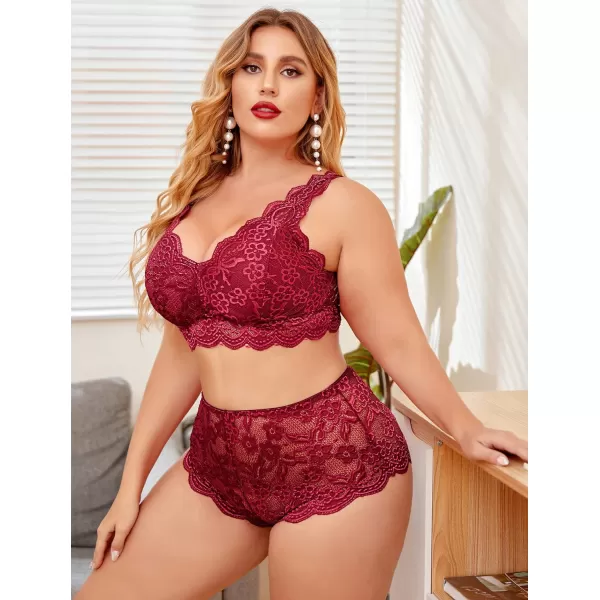 Avidlove Plus Size Lingerie Set for Women Sexy Lace Halter Bralette High Waist Panty SetCardinal Red