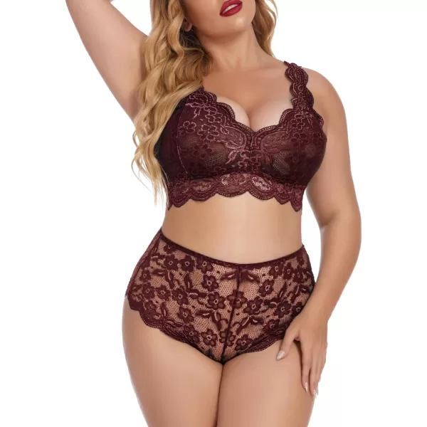 Avidlove Plus Size Lingerie Set for Women Sexy Lace Halter Bralette High Waist Panty SetDark Red