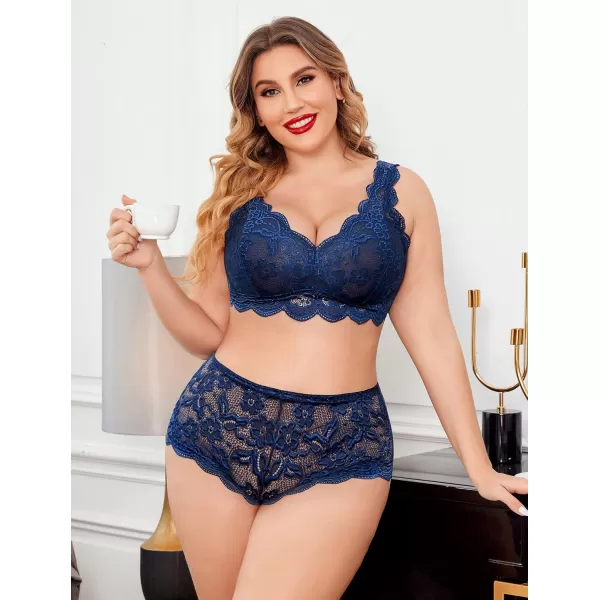 Avidlove Plus Size Lingerie Set for Women Sexy Lace Halter Bralette High Waist Panty SetNavy Blue