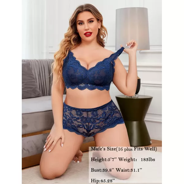 Avidlove Plus Size Lingerie Set for Women Sexy Lace Halter Bralette High Waist Panty SetNavy Blue