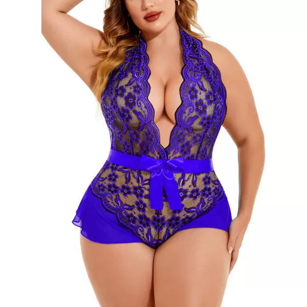 Avidlove Plus Size Lingerie for Women Deep V Neck Teddy Lingerie Halter Lace Bodysuit NightgownBlack Blueplus Size