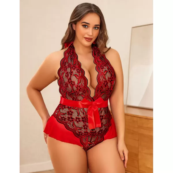 Avidlove Plus Size Lingerie for Women Deep V Neck Teddy Lingerie Halter Lace Bodysuit NightgownBlack Redplus Size