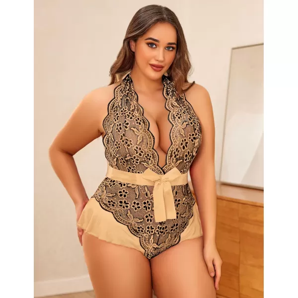Avidlove Plus Size Lingerie for Women Deep V Neck Teddy Lingerie Halter Lace Bodysuit NightgownBlack Skinplus Size