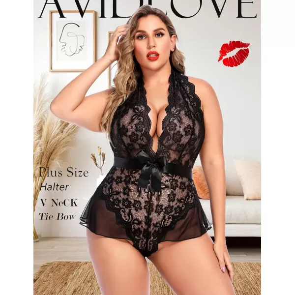 Avidlove Plus Size Lingerie for Women Deep V Neck Teddy Lingerie Halter Lace Bodysuit NightgownBlackplus Size