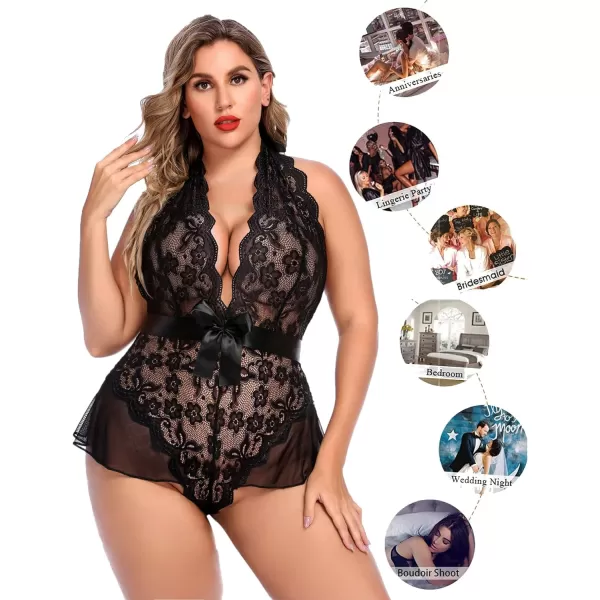 Avidlove Plus Size Lingerie for Women Deep V Neck Teddy Lingerie Halter Lace Bodysuit NightgownBlackplus Size