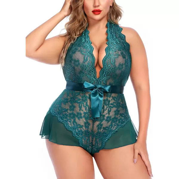 Avidlove Plus Size Lingerie for Women Deep V Neck Teddy Lingerie Halter Lace Bodysuit NightgownBlue Greenplus Size