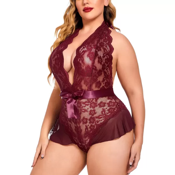 Avidlove Plus Size Lingerie for Women Deep V Neck Teddy Lingerie Halter Lace Bodysuit NightgownDark Redplus Size