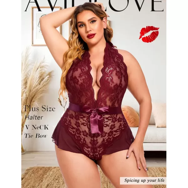 Avidlove Plus Size Lingerie for Women Deep V Neck Teddy Lingerie Halter Lace Bodysuit NightgownDark Redplus Size