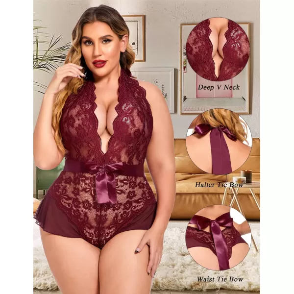 Avidlove Plus Size Lingerie for Women Deep V Neck Teddy Lingerie Halter Lace Bodysuit NightgownDark Redplus Size