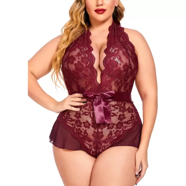 Avidlove Plus Size Lingerie for Women Deep V Neck Teddy Lingerie Halter Lace Bodysuit NightgownDark Redplus Size