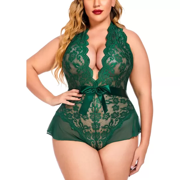 Avidlove Plus Size Lingerie for Women Deep V Neck Teddy Lingerie Halter Lace Bodysuit NightgownGreenplus Size