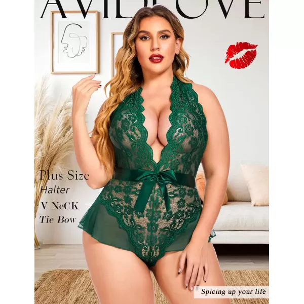 Avidlove Plus Size Lingerie for Women Deep V Neck Teddy Lingerie Halter Lace Bodysuit NightgownGreenplus Size