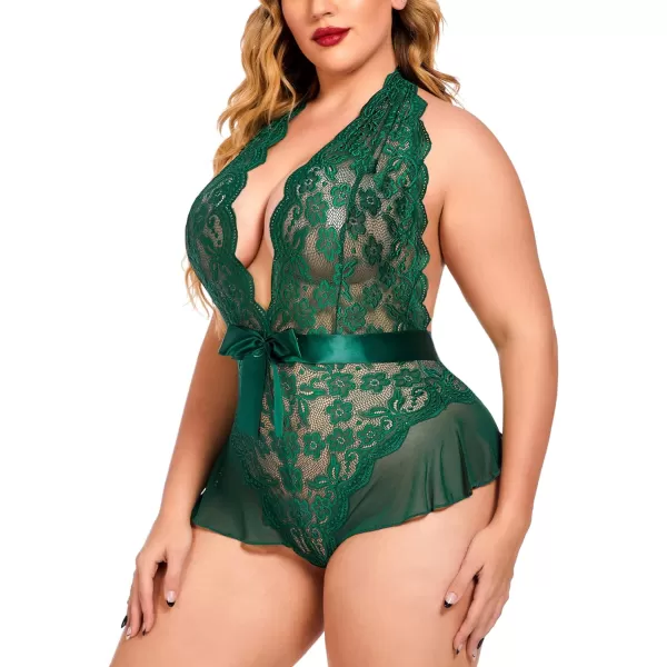 Avidlove Plus Size Lingerie for Women Deep V Neck Teddy Lingerie Halter Lace Bodysuit NightgownGreenplus Size