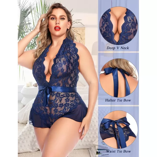 Avidlove Plus Size Lingerie for Women Deep V Neck Teddy Lingerie Halter Lace Bodysuit NightgownNavy Blueplus Size