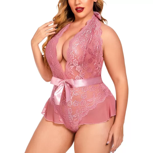 Avidlove Plus Size Lingerie for Women Deep V Neck Teddy Lingerie Halter Lace Bodysuit NightgownPink Purpleplus Size