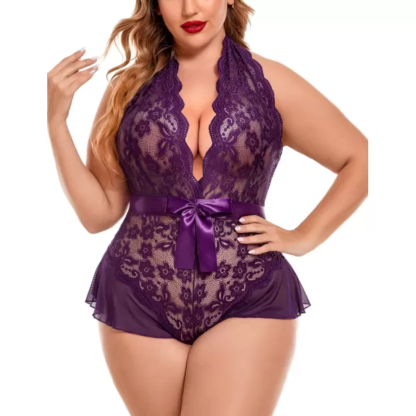 Avidlove Plus Size Lingerie for Women Deep V Neck Teddy Lingerie Halter Lace Bodysuit NightgownPurpleplus Size