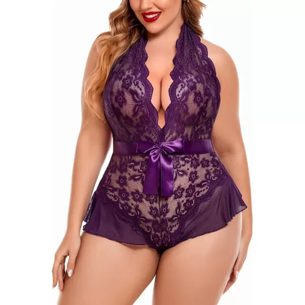 Avidlove Plus Size Lingerie for Women Deep V Neck Teddy Lingerie Halter Lace Bodysuit NightgownPurpleplus Size