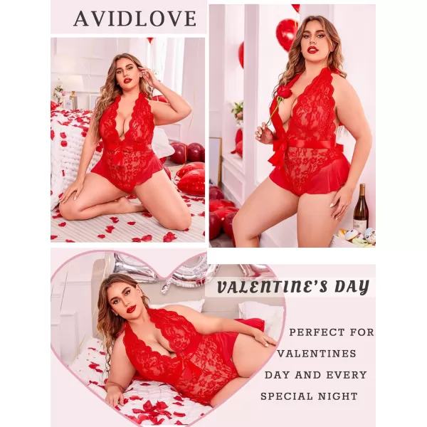 Avidlove Plus Size Lingerie for Women Deep V Neck Teddy Lingerie Halter Lace Bodysuit NightgownRedplus Size