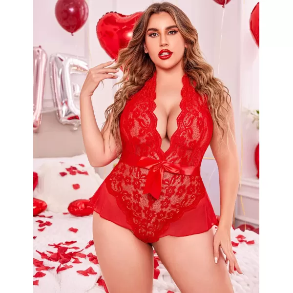 Avidlove Plus Size Lingerie for Women Deep V Neck Teddy Lingerie Halter Lace Bodysuit NightgownRedplus Size