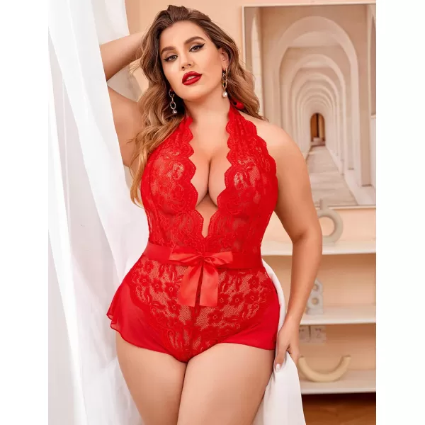 Avidlove Plus Size Lingerie for Women Deep V Neck Teddy Lingerie Halter Lace Bodysuit NightgownRedplus Size