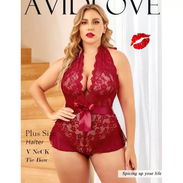 Avidlove Plus Size Lingerie for Women Deep V Neck Teddy Lingerie Halter Lace Bodysuit NightgownWine Redplus Size