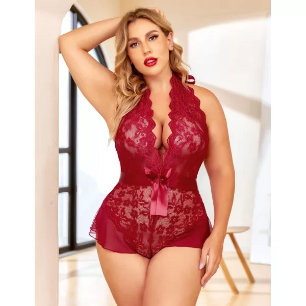 Avidlove Plus Size Lingerie for Women Deep V Neck Teddy Lingerie Halter Lace Bodysuit NightgownWine Redplus Size