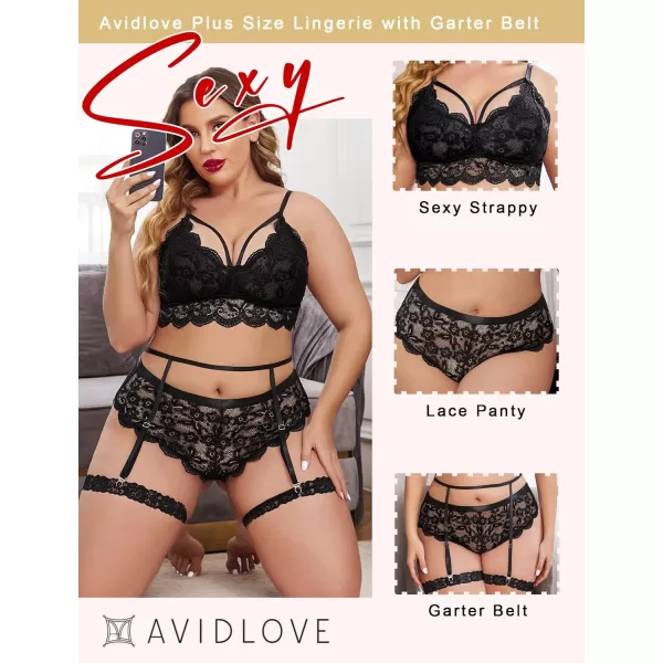 Avidlove Plus Size Lingerie for Women Floral Lace Scallop Trim Bra High Waist Panties Set Garter Lingerie SetBlack