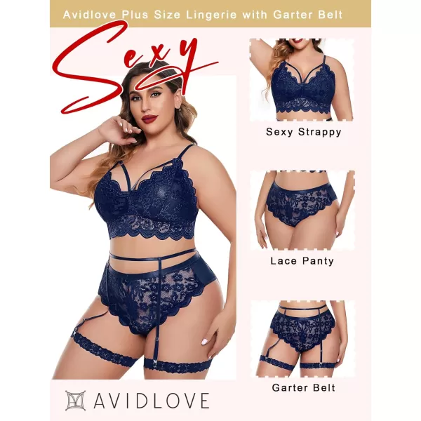 Avidlove Plus Size Lingerie for Women Floral Lace Scallop Trim Bra High Waist Panties Set Garter Lingerie SetDark Blue