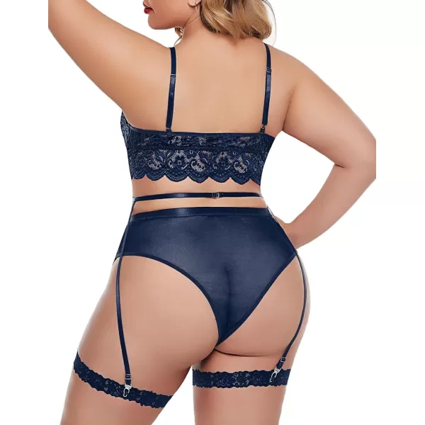 Avidlove Plus Size Lingerie for Women Floral Lace Scallop Trim Bra High Waist Panties Set Garter Lingerie SetDark Blue