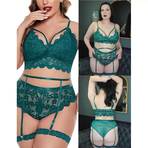 Avidlove Plus Size Lingerie for Women Floral Lace Scallop Trim Bra High Waist Panties Set Garter Lingerie SetDark Green